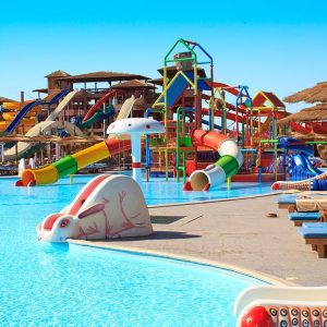 A background of a water park and a swimming pool with bright colors